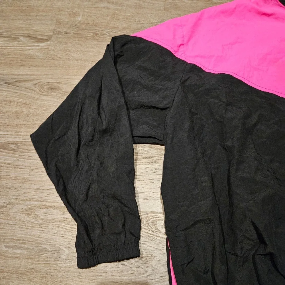 Vintage Surf Style Neon Pink Black Colorblock 1/4 Zip Windbreaker Jacket One Sz - Picture 3 of 14